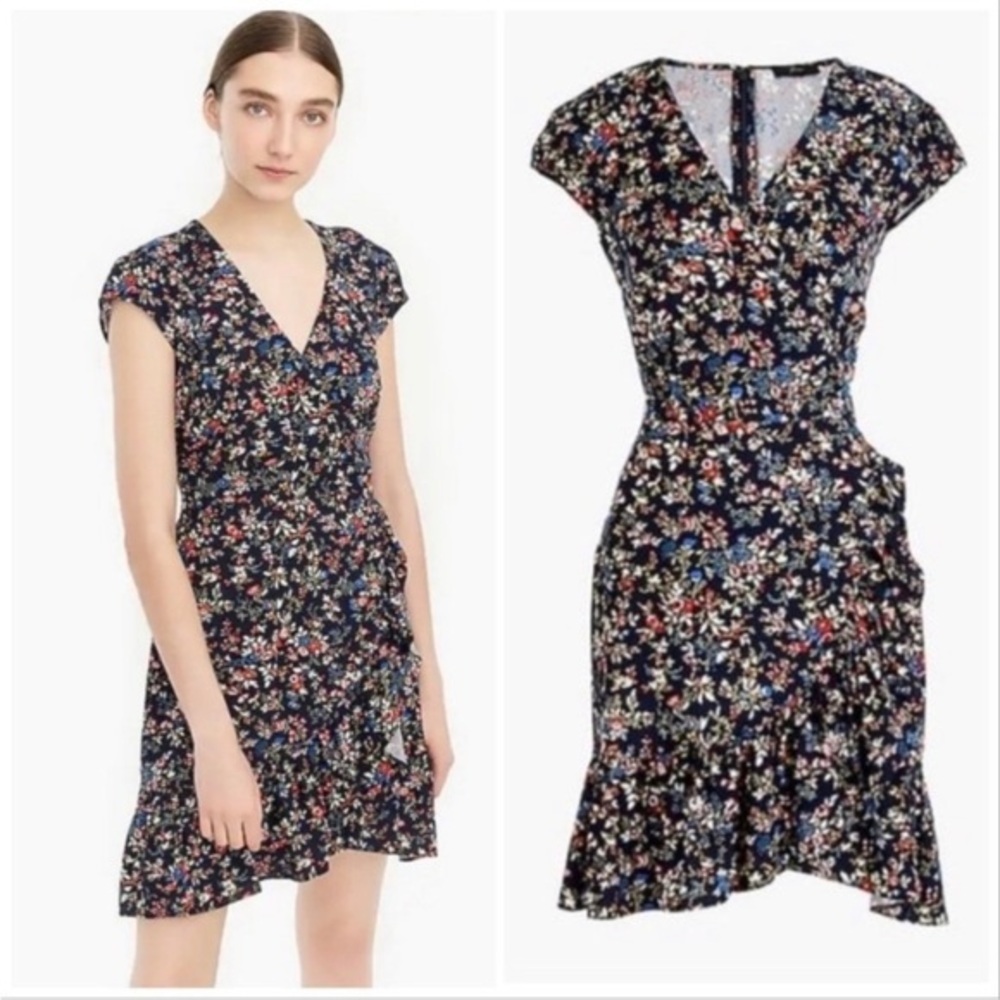 J. Crew Tapestry Floral Surplice V-Neck Faux Wrap Mini Dress Preppy Blue Size 6